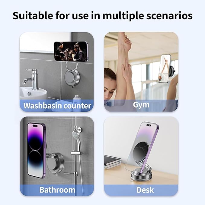 Magnetic Phone Holder (Upgraded 360° Vacuum Suction) Metal Arm Foldable for Car Dashborad & Windsheild/Gym/Mirror/Shower