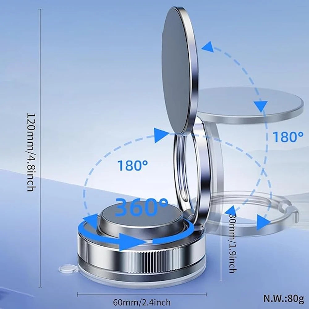 Magnetic Phone Holder (Upgraded 360° Vacuum Suction) Metal Arm Foldable for Car Dashborad & Windsheild/Gym/Mirror/Shower