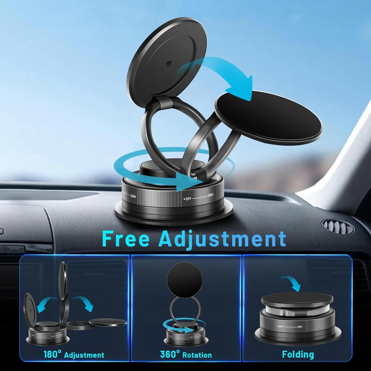 Magnetic Phone Holder (Upgraded 360° Vacuum Suction) Metal Arm Foldable for Car Dashborad & Windsheild/Gym/Mirror/Shower
