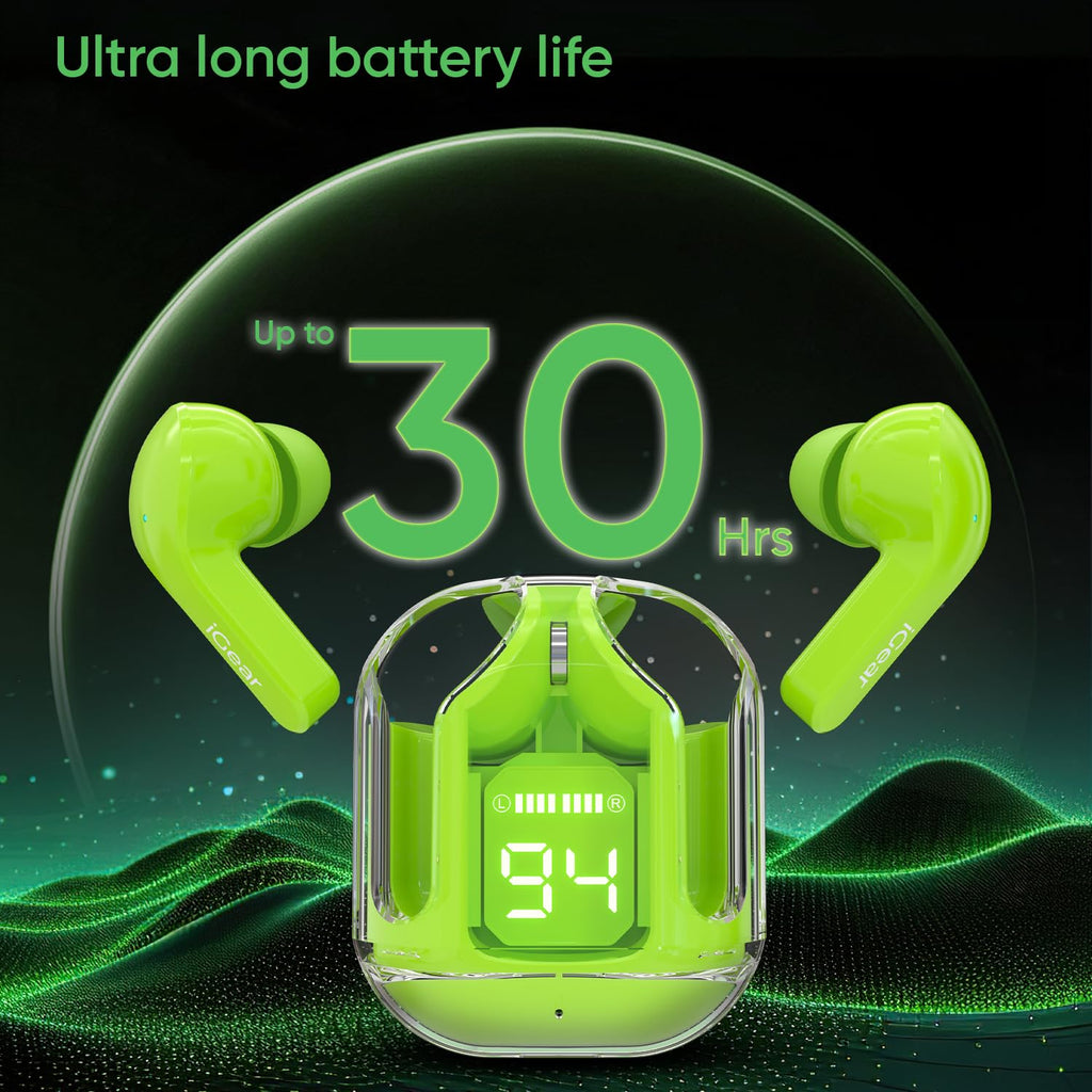 Crystal Wireless Earbuds, 30 Hrs+ Playtime, Transparent Charging Case and LED Digital Display, 14mm Drivers, ENC Noise Cancelling, Touch Control, Google Assistant and Siri Support