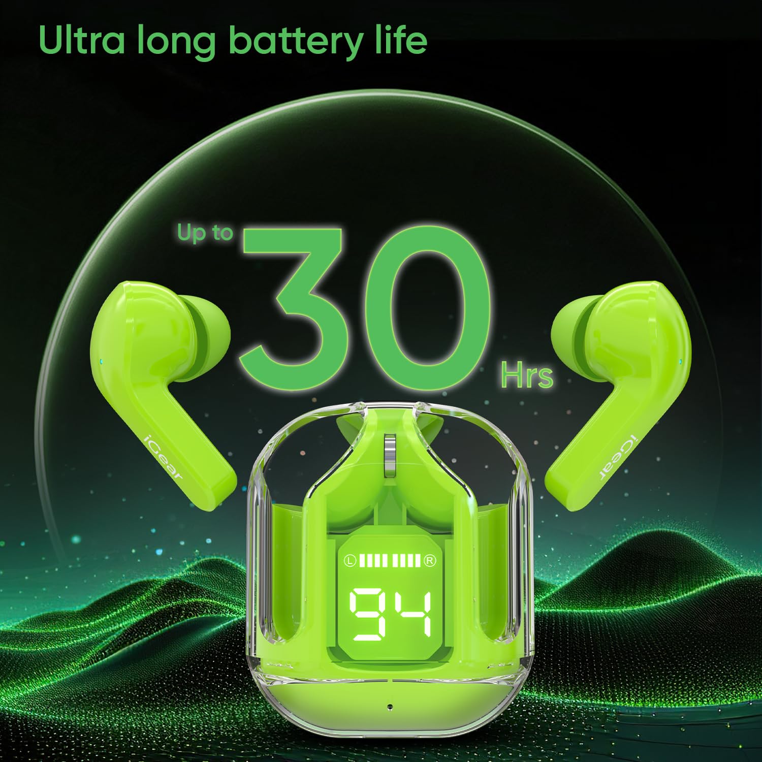 Crystal Wireless Earbuds, 30 Hrs+ Playtime, Transparent Charging Case and LED Digital Display, 14mm Drivers, ENC Noise Cancelling, Touch Control, Google Assistant and Siri Support