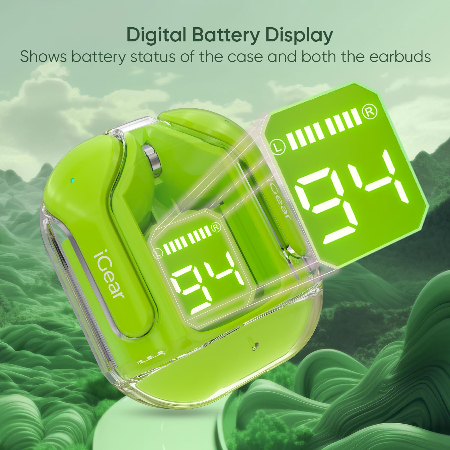 Crystal Wireless Earbuds, 30 Hrs+ Playtime, Transparent Charging Case and LED Digital Display, 14mm Drivers, ENC Noise Cancelling, Touch Control, Google Assistant and Siri Support